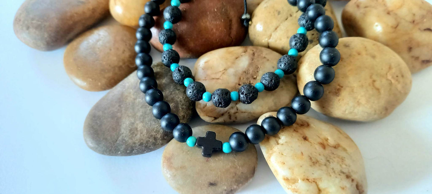 Χειροποίητο αντρικό βραχιόλι με λάβα και τυρκουάζ χαολίτες