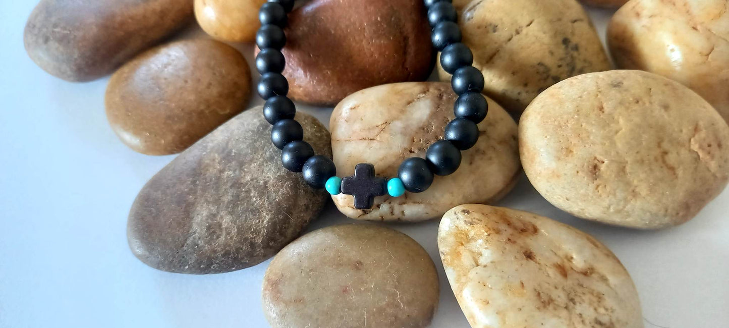 Χειροποίητο αντρικό βραχιόλι με σταυρό, χαολίτες και αιματίτες