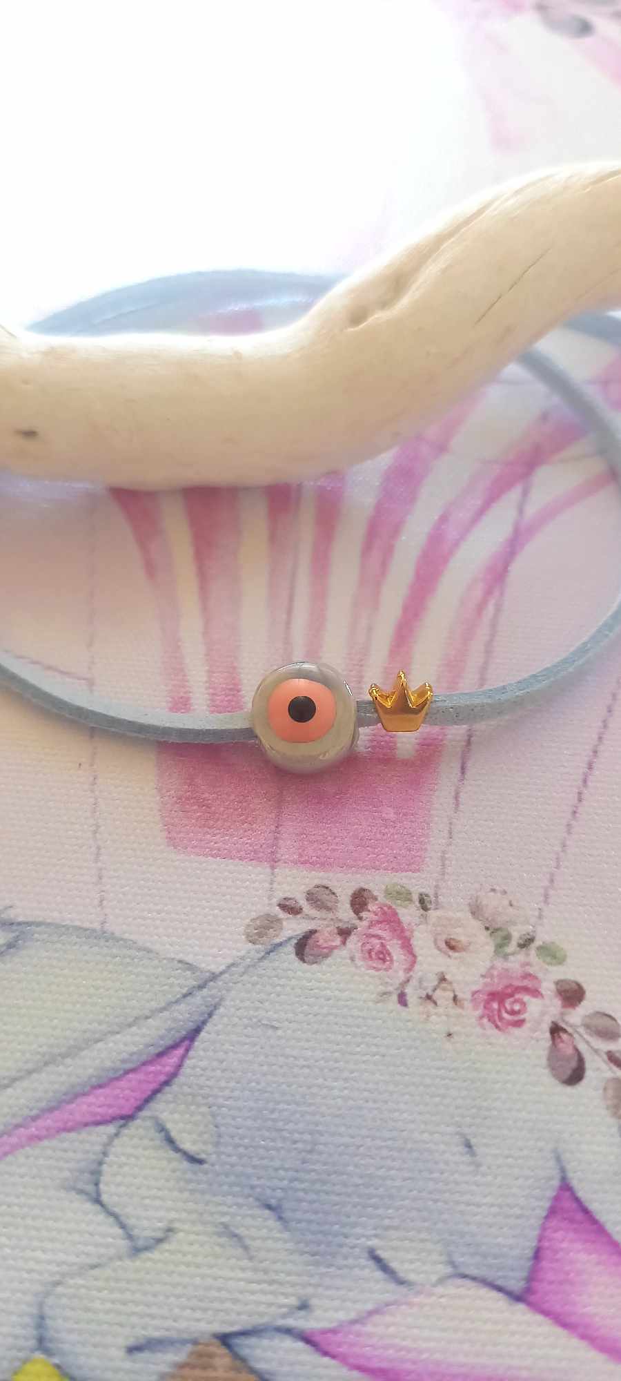 Μαρτυρικό βάπτισης βραχιόλι με καστόρι, κεραμικό μάτι και κορώνα