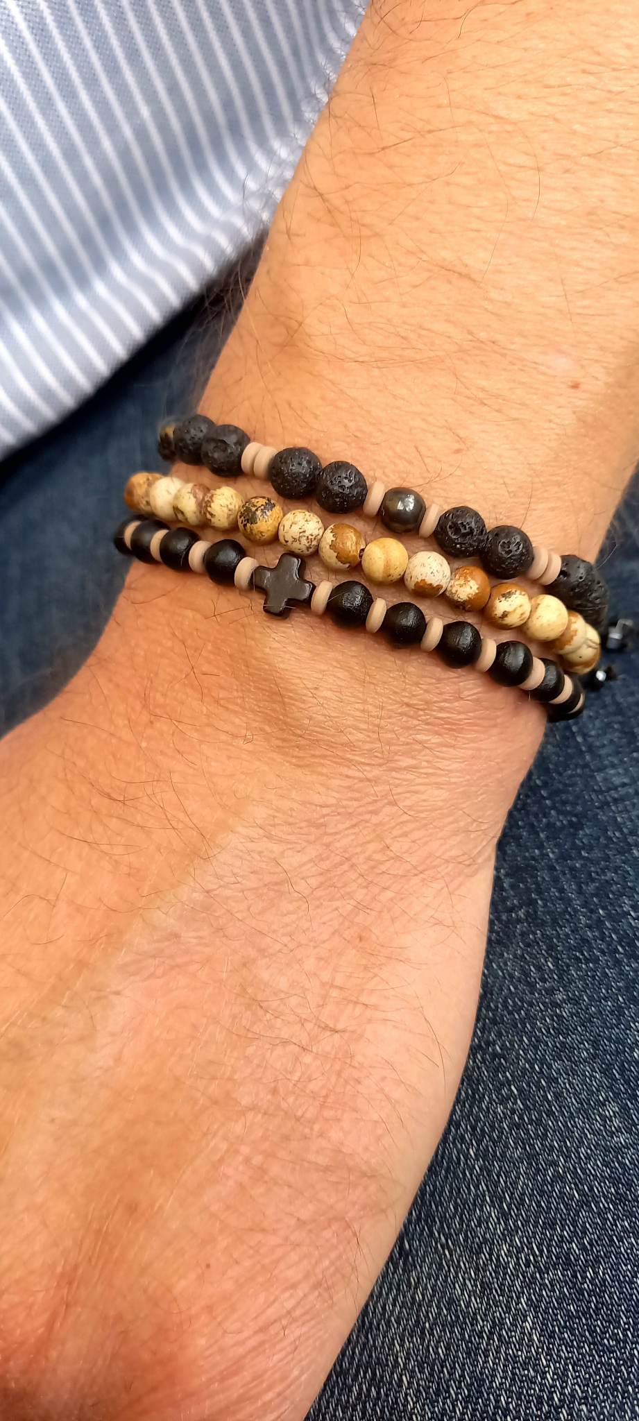 Χειροποίητο αντρικό βραχιόλι μα λάβα και ματ αιματίτες