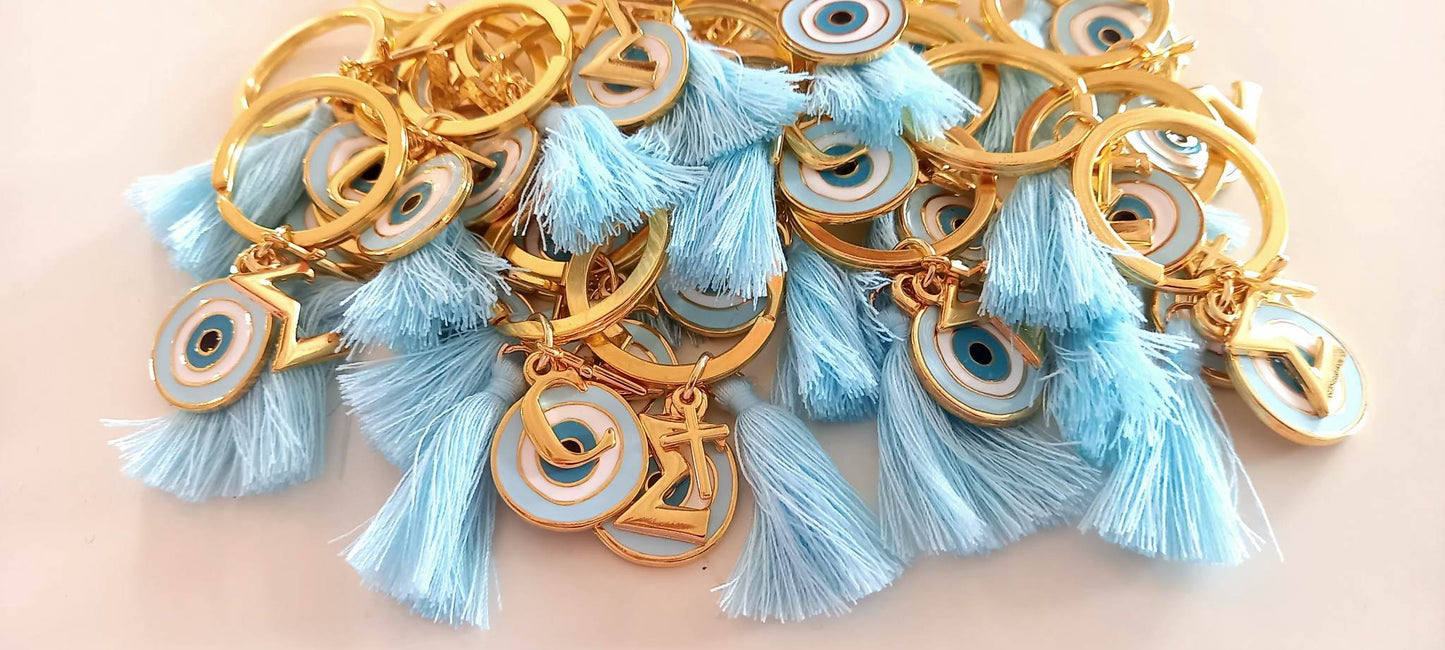 Μαρτυρικό βάπτισης μπρελόκ με μάτι, σταυρό, μονόγραμμα και φουντίτσα