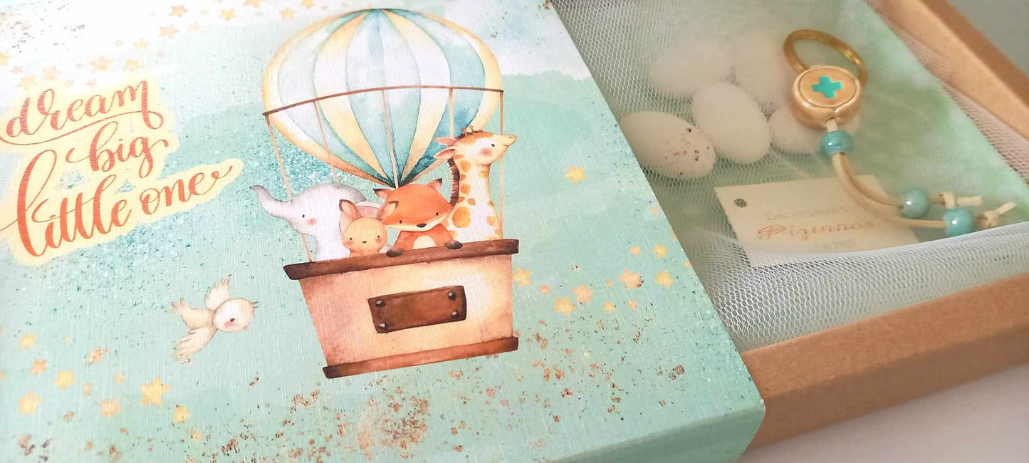 Μπομπονιέρα βάπτισης κουτί με θέμα αερόστατο