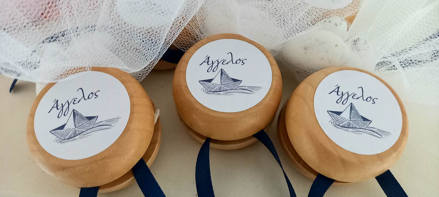 Μπομπονιέρα βάπτισης ξύλινο γιο-γιο με εκτύπωση καραβάκι