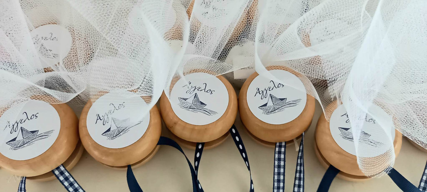 Μπομπονιέρα βάπτισης ξύλινο γιο-γιο με εκτύπωση καραβάκι
