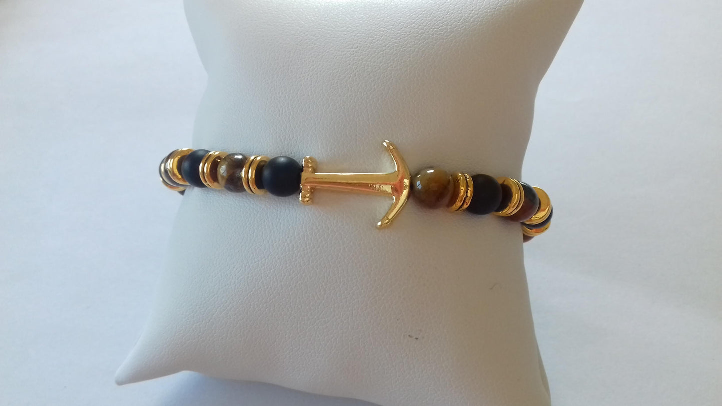 Αντρικό βραχιόλι με μάτι της τίγρης και μεταλλικό στοιχείο άγκυρα