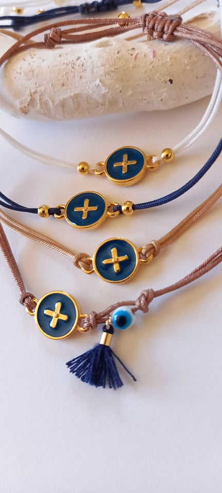 Μαρτυρικό βάπτισης βραχιόλι με κορδόνι και επιχρυσωμένο μοτίφ με σταυρό