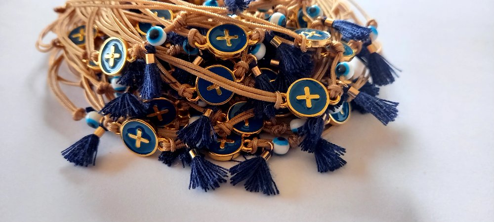 Μαρτυρικό βάπτισης βραχιόλι με σταυρό με σμάλτο, μάτι και φουντίτσα