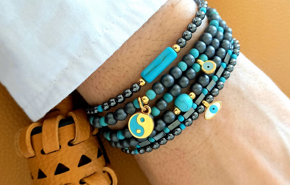 Βραχιόλι με ματ αιματίτες, μάτι και χαολίτη