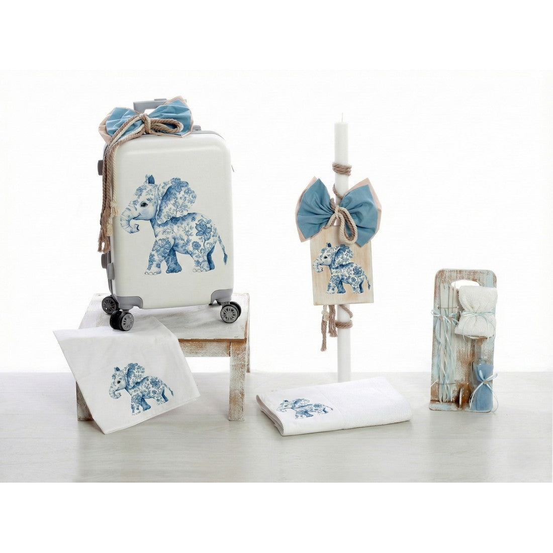 Σετ βάπτισης με ελεφαντάκι και μοτίβο toile de jouy