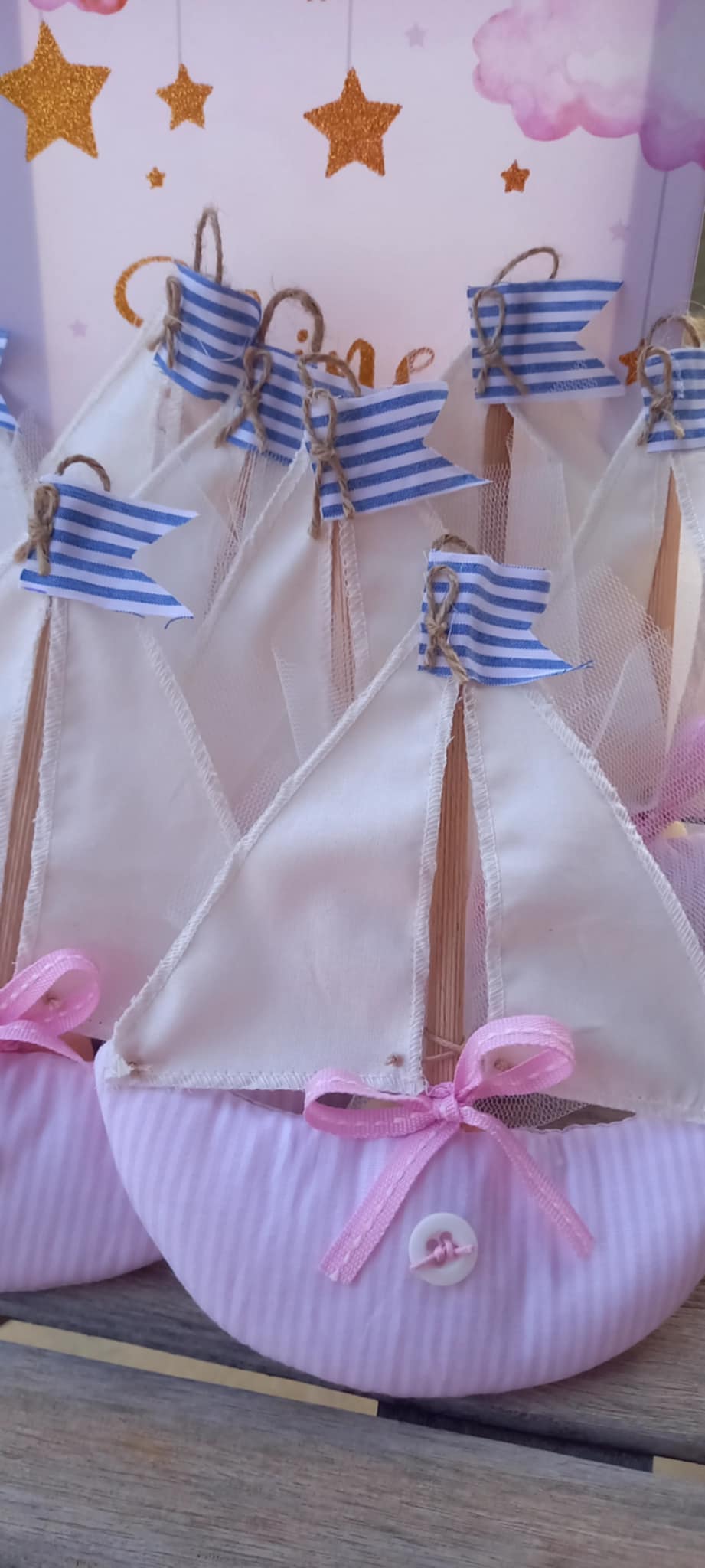 Μπομπονιέρα βάπτισης καραβάκι από ύφασμα