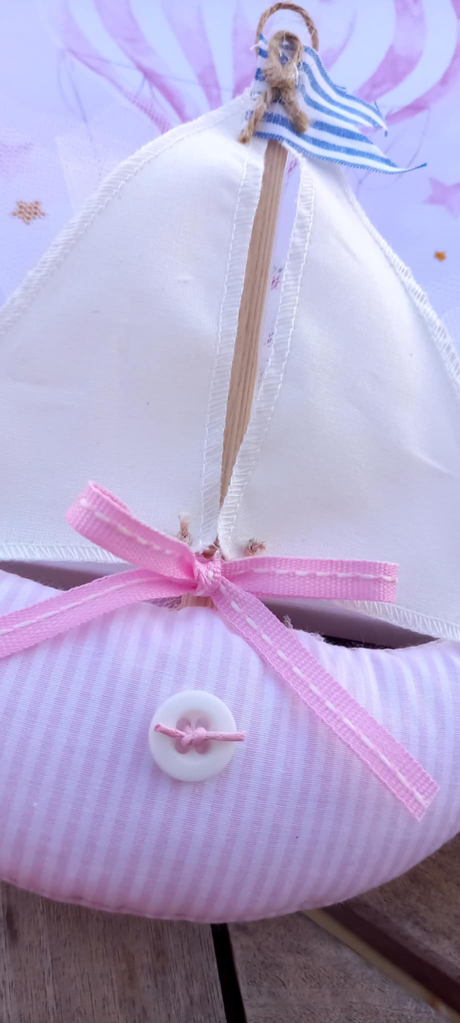 Μπομπονιέρα βάπτισης καραβάκι από ύφασμα