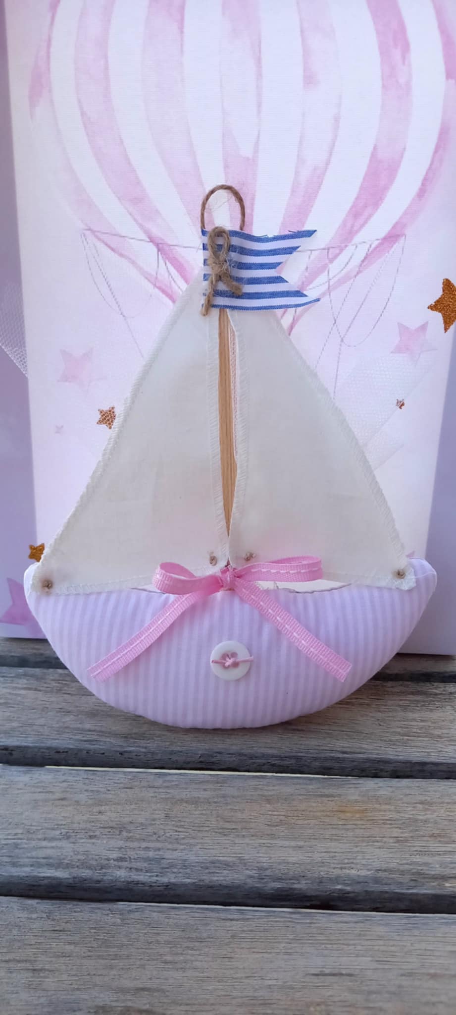 Μπομπονιέρα βάπτισης καραβάκι από ύφασμα