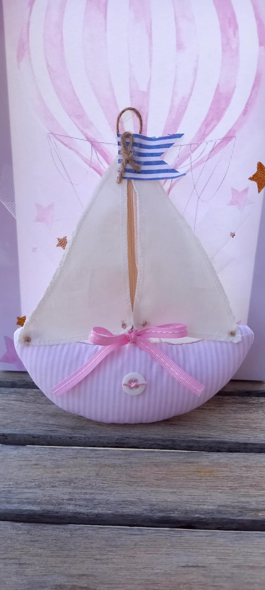 Μπομπονιέρα βάπτισης καραβάκι από ύφασμα