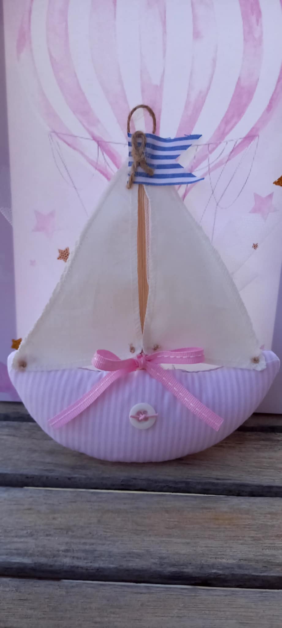 Μπομπονιέρα βάπτισης καραβάκι από ύφασμα