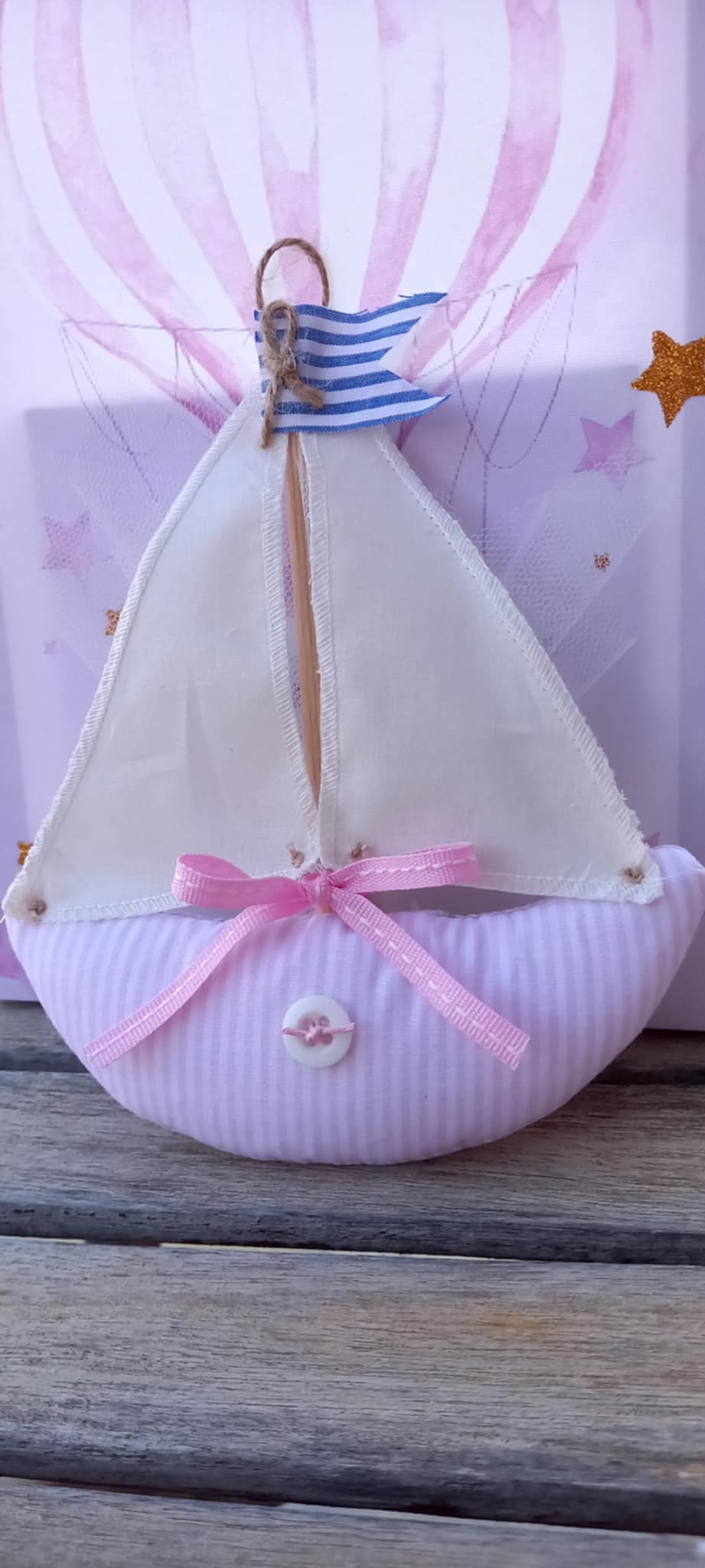 Μπομπονιέρα βάπτισης καραβάκι από ύφασμα