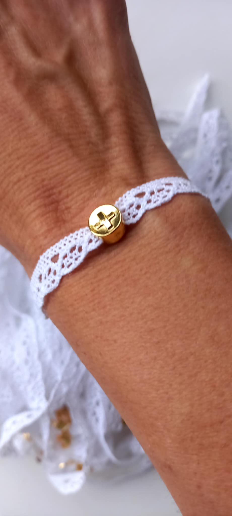 Μαρτυρικό βάπτισης βραχιόλι με δαντέλα και σταυρό