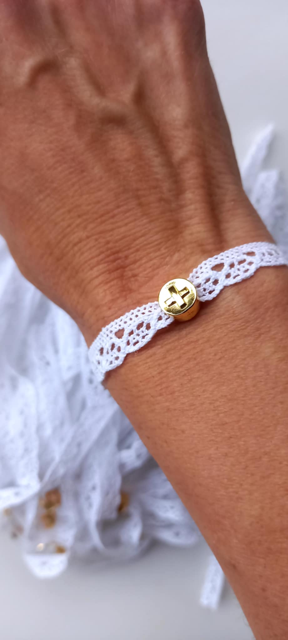 Μαρτυρικό βάπτισης βραχιόλι με δαντέλα και σταυρό