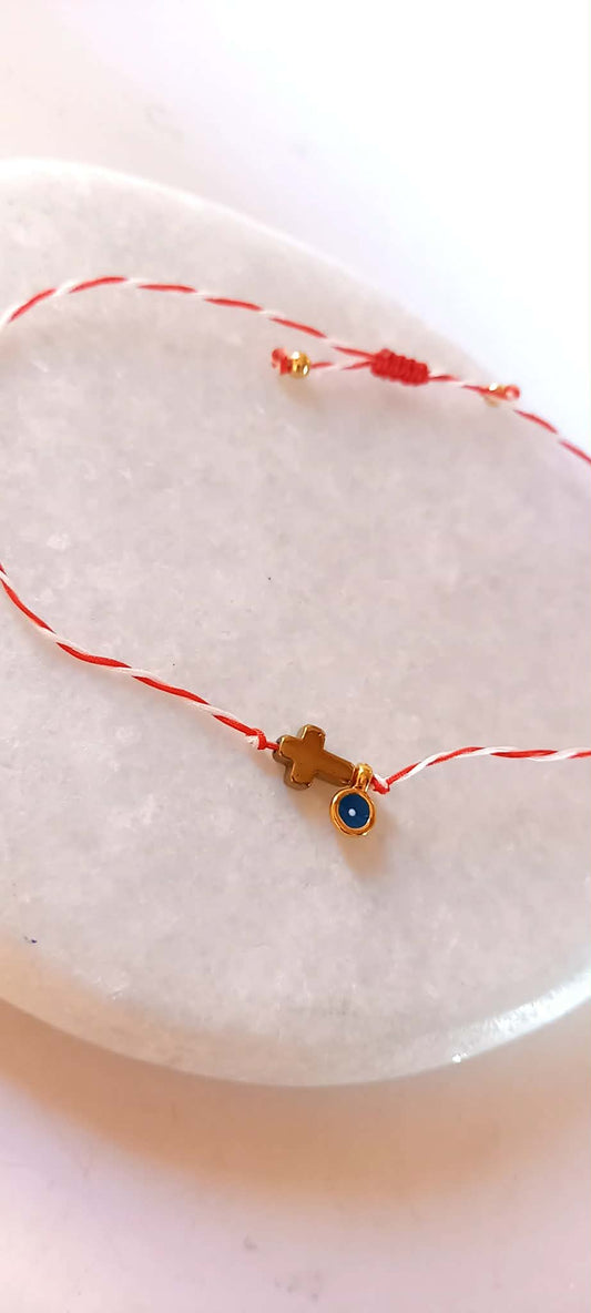 Βραχιόλι μαρτάκι με σταυρό αιματίτη και μάτι