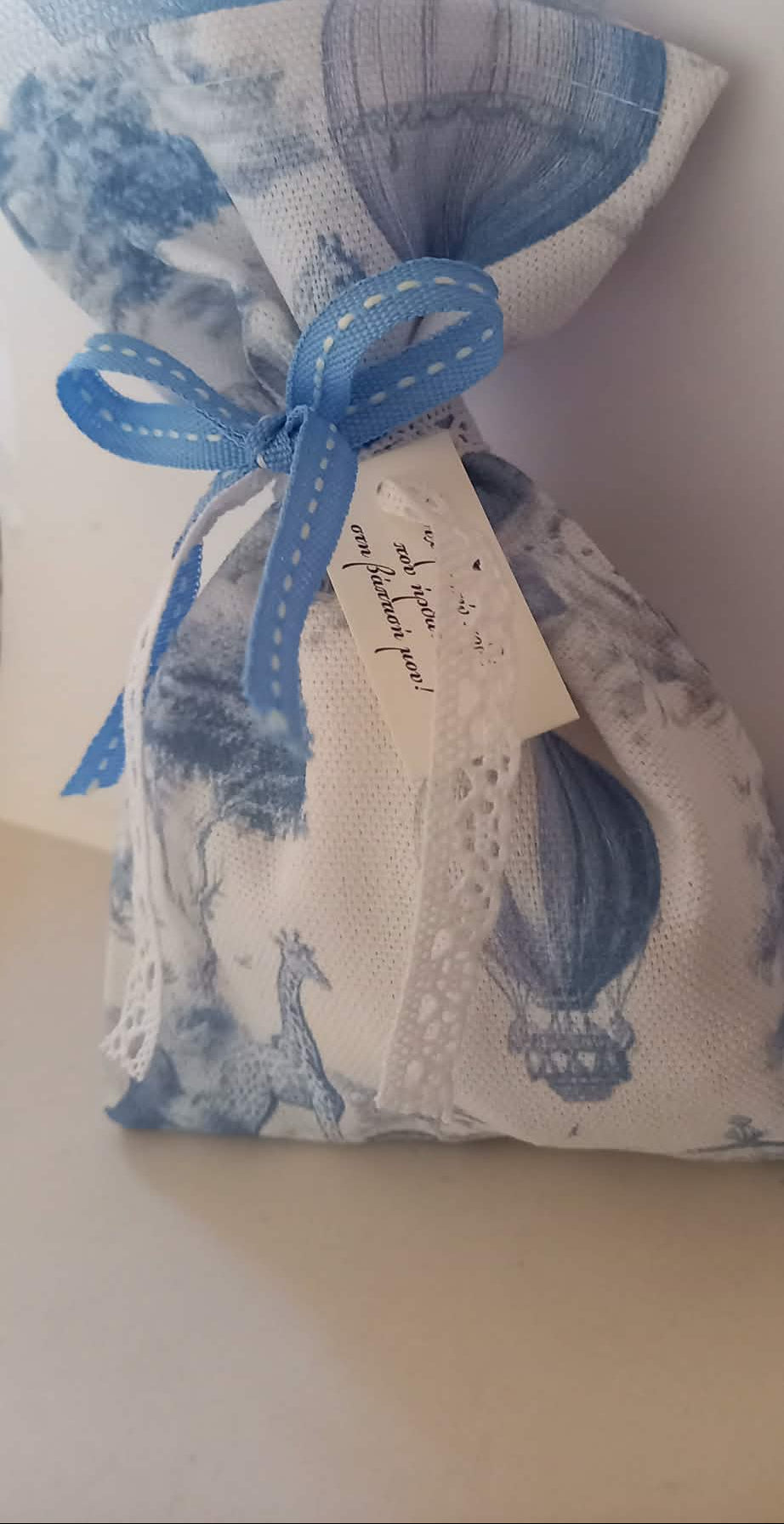Μπομπονιέρα βάπτισης πουγκί με μοτίβο toile de jouy