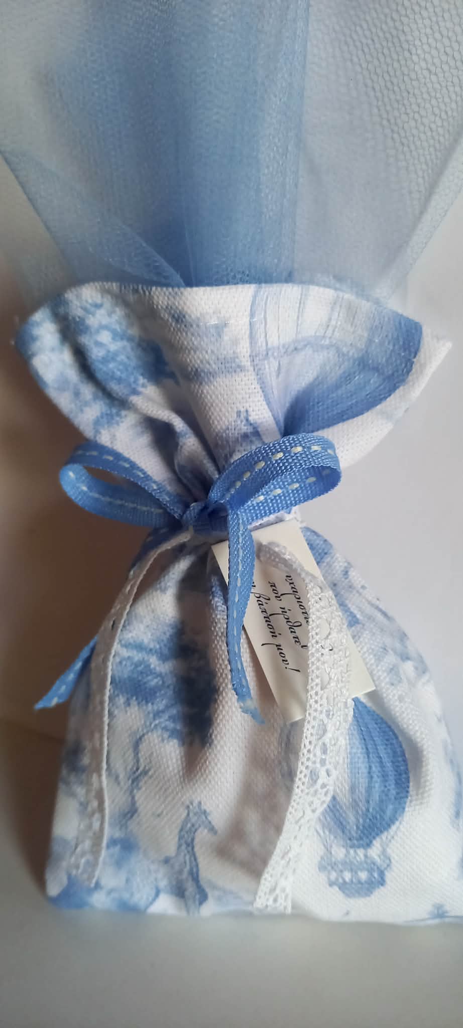Μπομπονιέρα βάπτισης πουγκί με μοτίβο toile de jouy