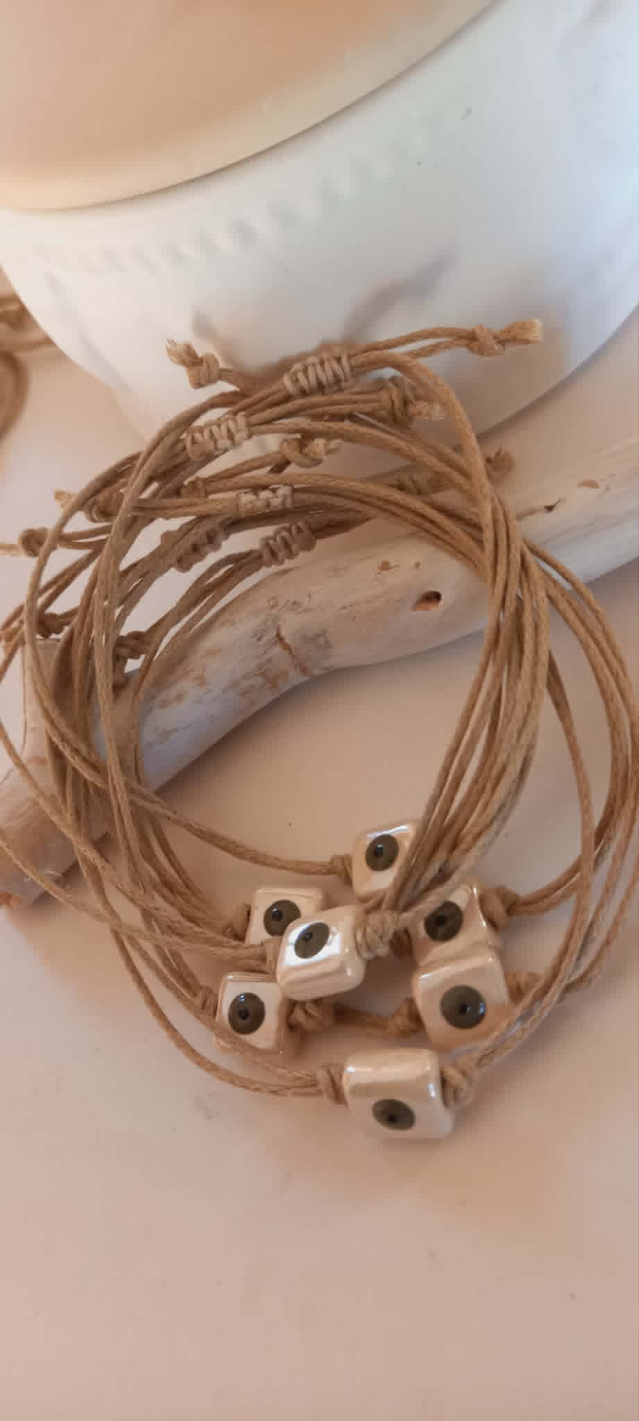 Μαρτυρικό βάπτισης βραχιόλι με κεραμικό μάτι και κορδόνι