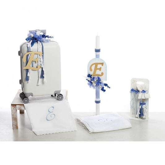 Σετ βάπτισης με μπλε ορτανσία και μονόγραμμα
