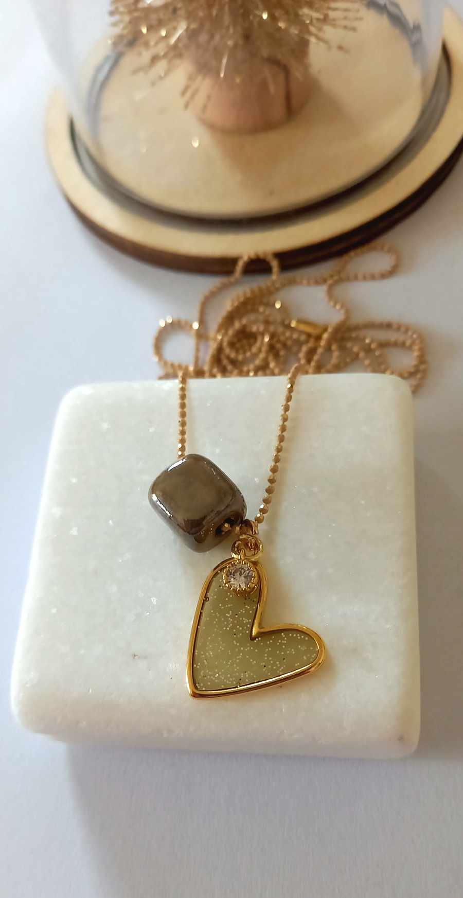 Κολιέ με καρδιά βιτρώ, ζιργκόν και κεραμικό κύβο