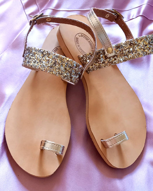 Χειροποίητα δερμάτινα παιδικά πέδιλα με glitter