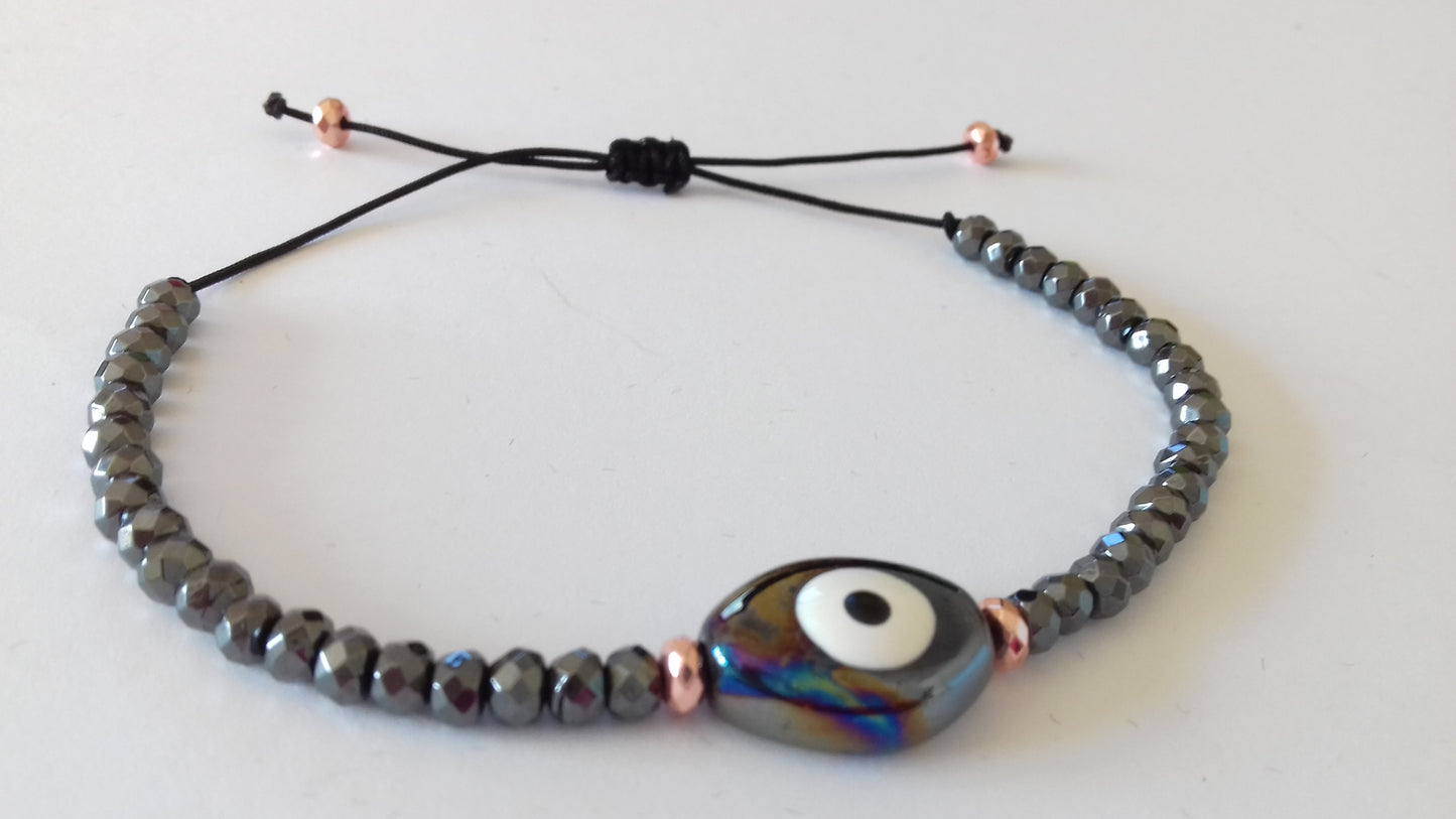 Hematite stones evil-eye macrame bracelet