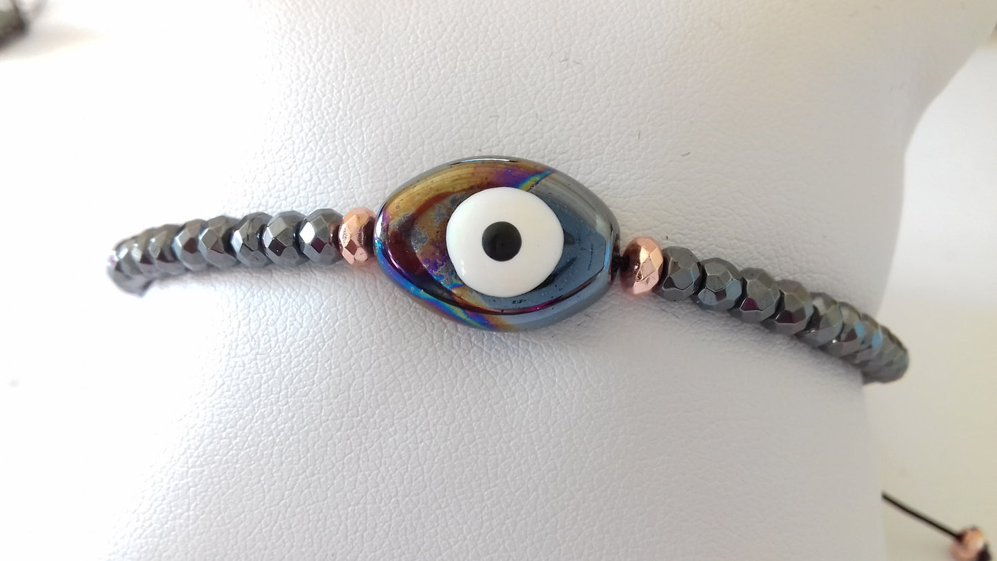 Hematite stones evil-eye macrame bracelet