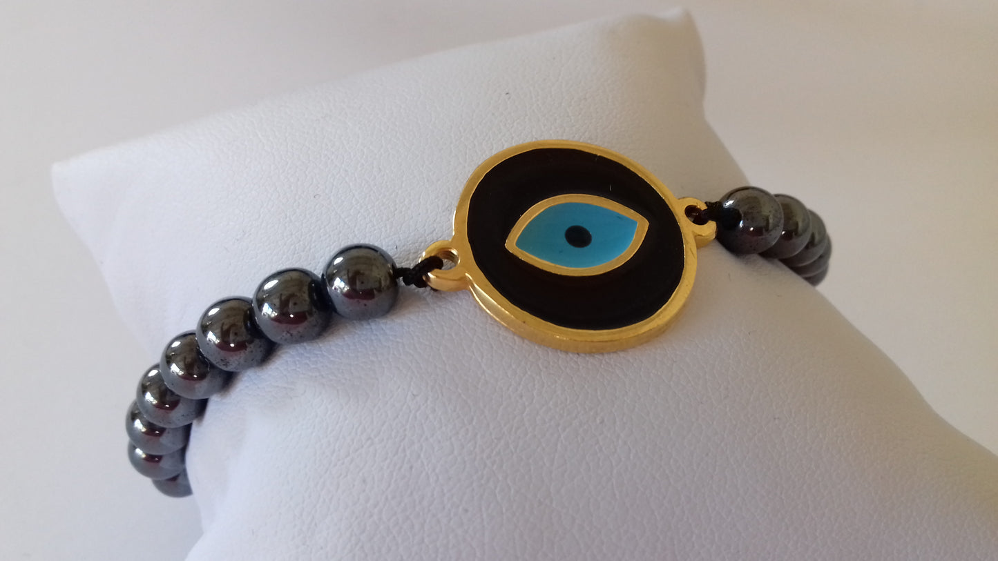 Hematite stones black enamel evil-eye macrame bracelet