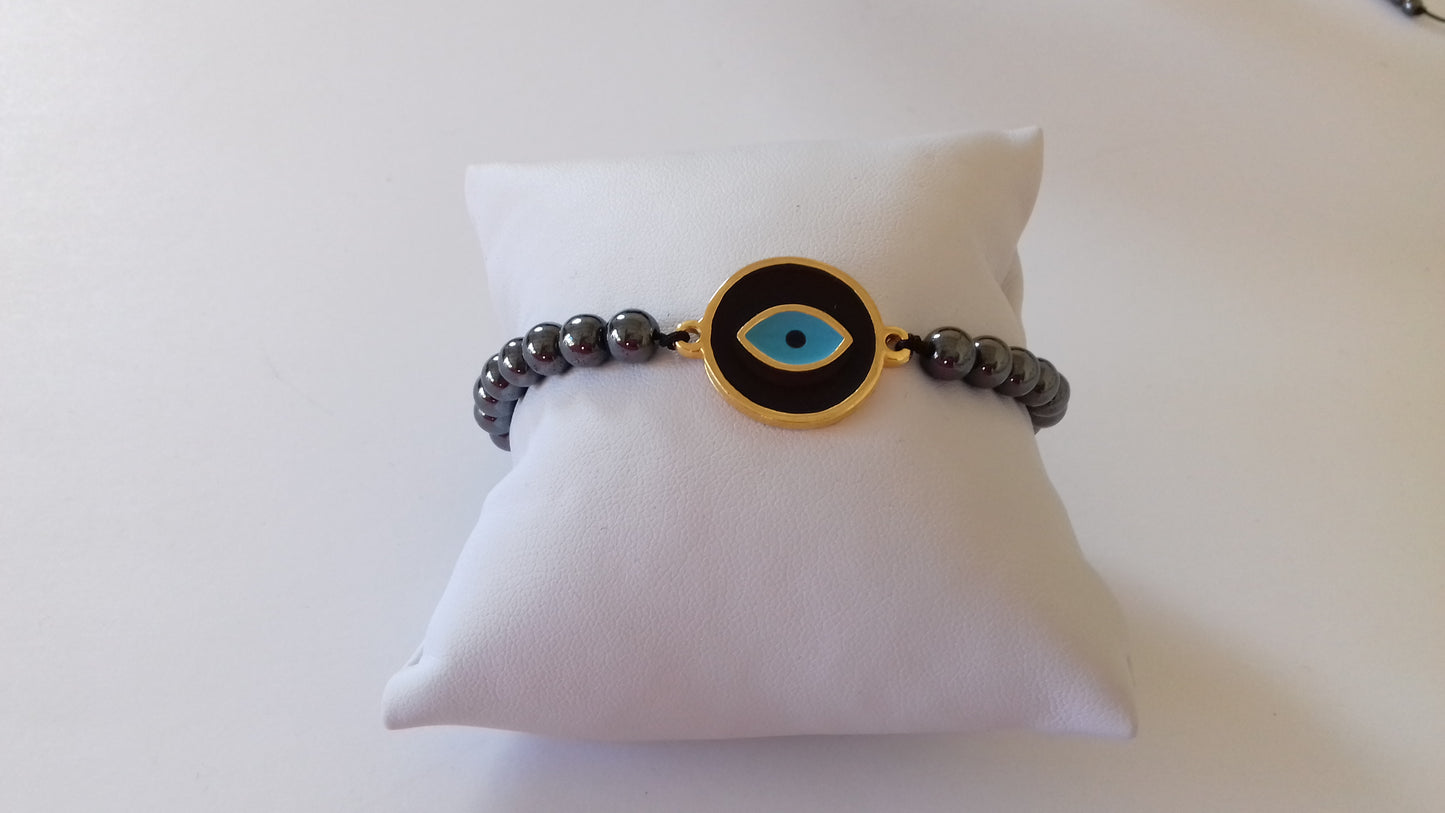 Hematite stones black enamel evil-eye macrame bracelet