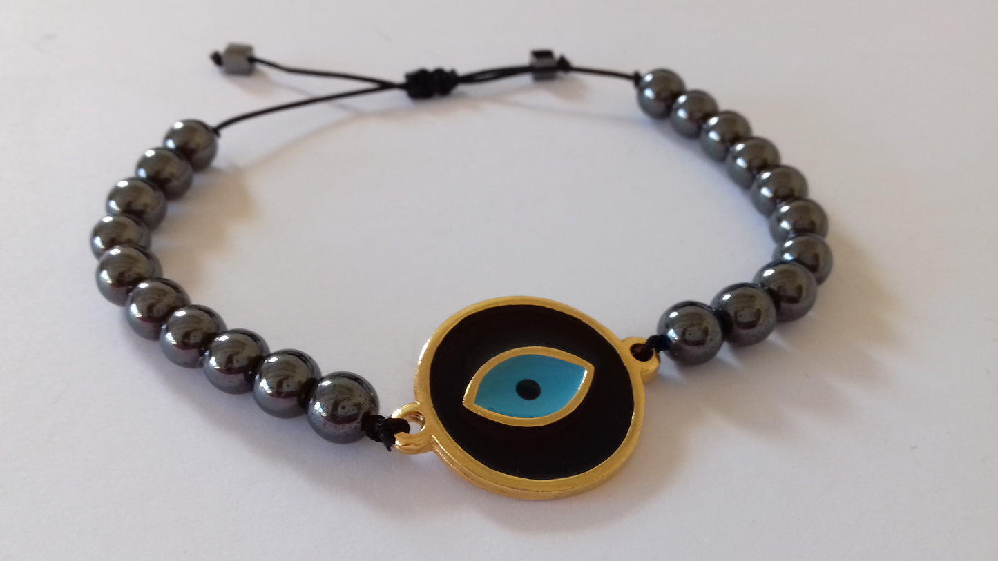 Hematite stones black enamel evil-eye macrame bracelet