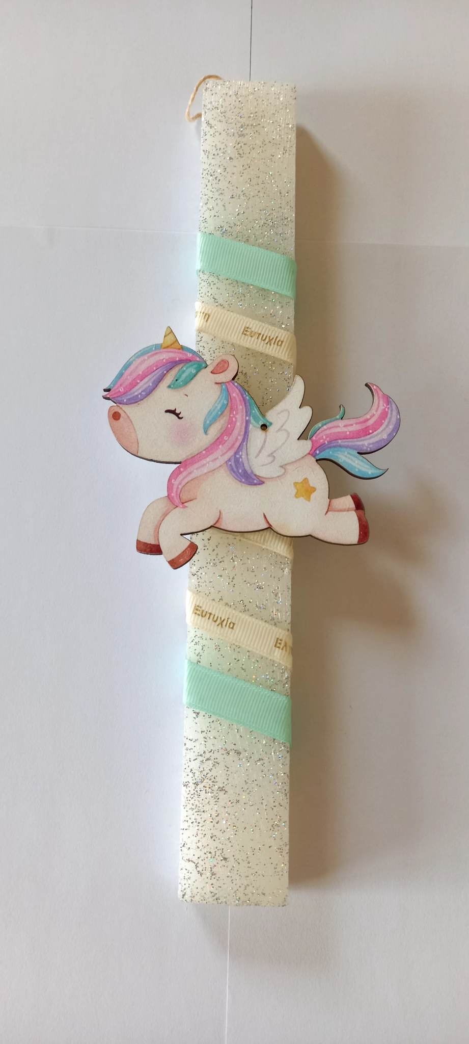 Χειροποίητη αρωματική λαμπάδα με glitter και baby μονόκερο
