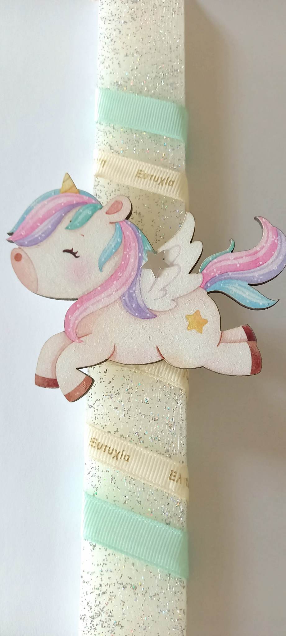 Χειροποίητη αρωματική λαμπάδα με glitter και baby μονόκερο